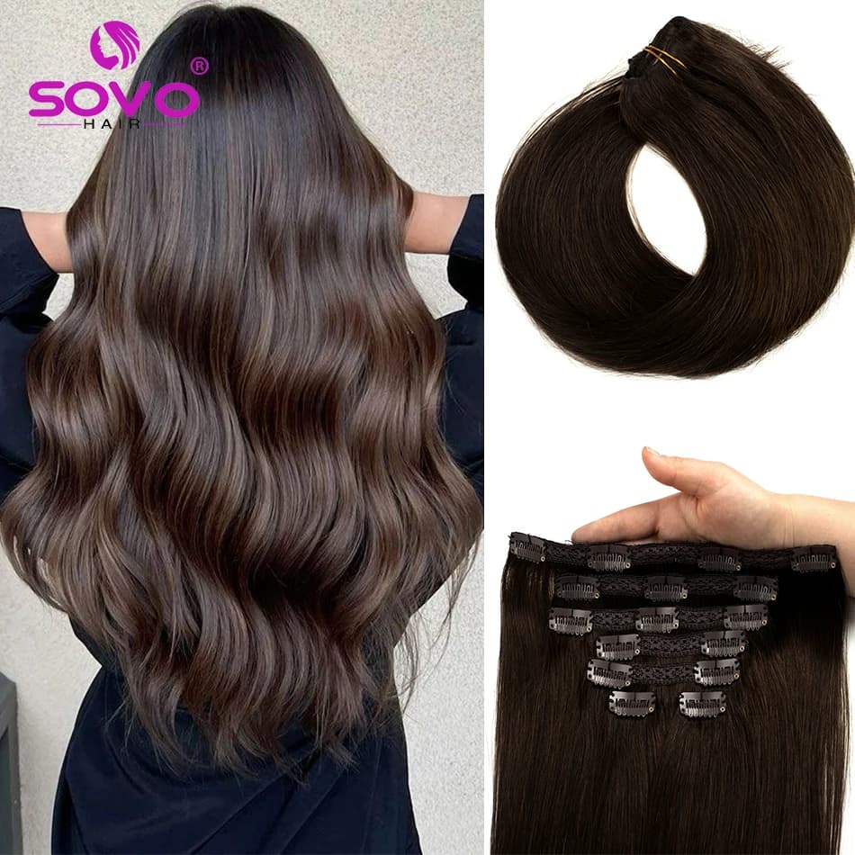Clip in hair extension 100% human hair Remy dark brown clip wig full head 14-28 inch for salon supply 100-200 grams