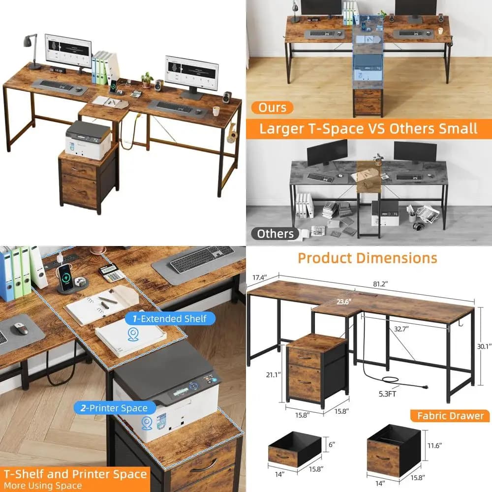 Scrivania da gaming doppia Rustic Brown 81.2 con LED, cassetti in tessuto e prese di corrente