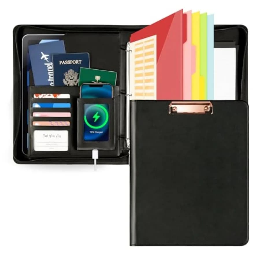 Leather Clipboard with Storage, Zippered Padfolio Portfolio Organizer, 3 Ring Binder 1 Inch, Notepad, Tablet Sleeve, 5 Dividers