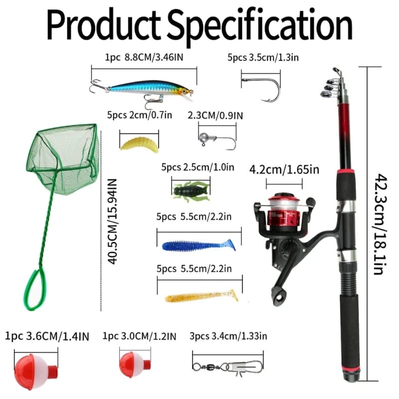 Telescopic Rod Float Baits Hook Connector Landing Net & Storage Bag Fishing Gear