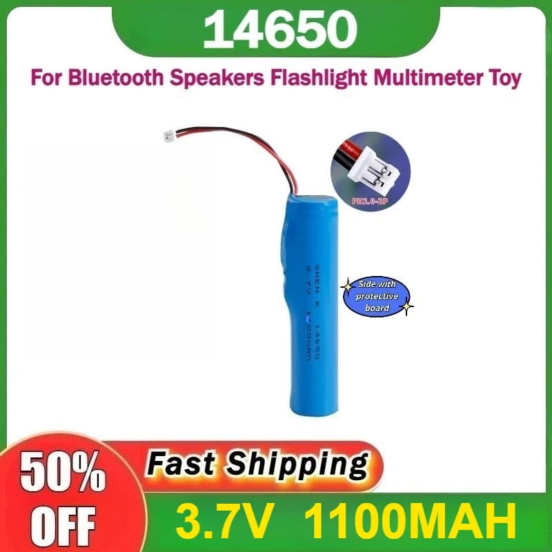 Batteria al Litio Ricaricabile 14650 3.7V 1100mAh con Connettore PH per Altoparlanti Bluetooth, Torce, Multimetri, Giocattoli, Walkie Talkie
