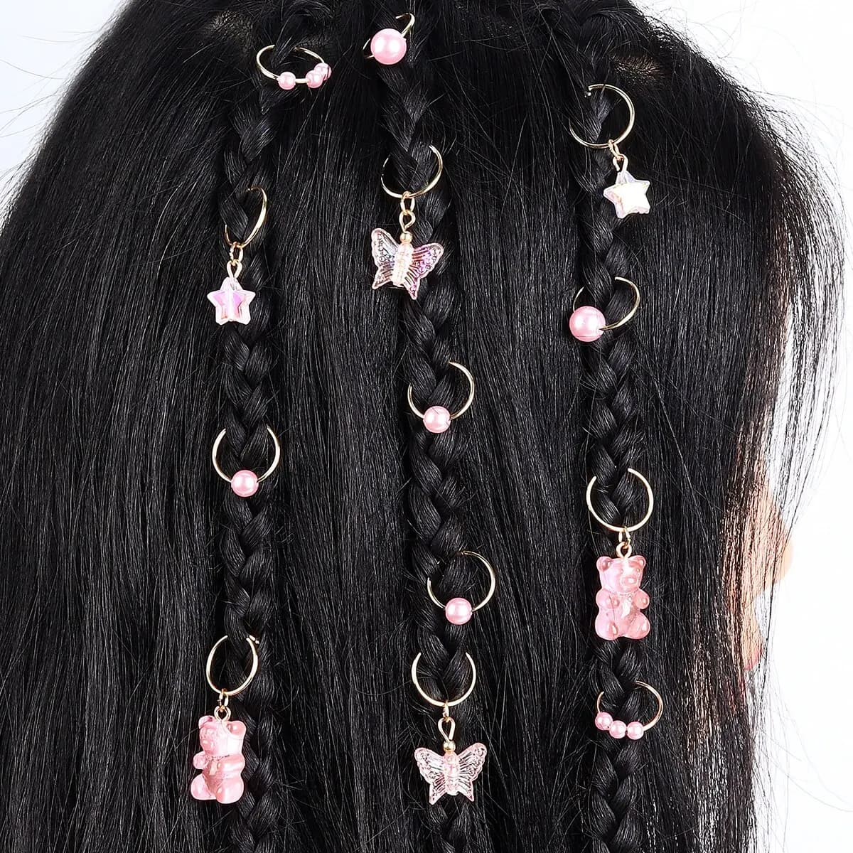 14pcs/Pack Pink Pearl Star Bear and Butterfly Shape Hair Braid Rings Hair Ties Kids Hair Accessories for Girls Headwear