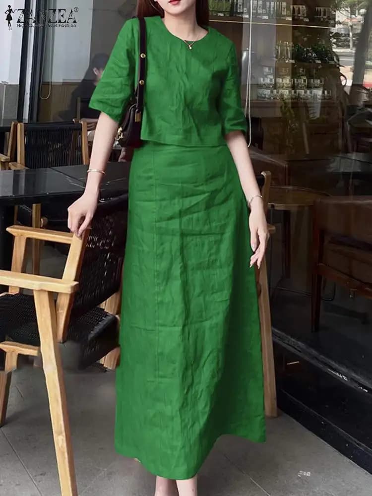 ZANZEA Women Solid 2PCS Dress set Casual manica corta Crop top Suit Fashion gonne lunghe abiti Holiday Simple Matching Sets