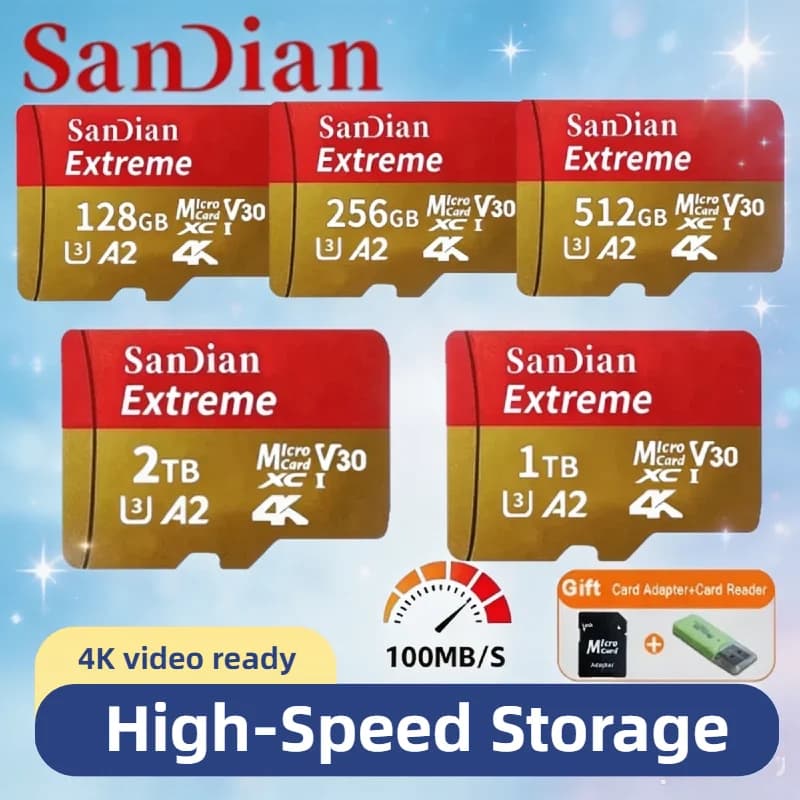 Scheda Micro TF SD Originale Durevole Classe 10 128GB 256GB 1TB, Mini Scheda di Memoria per Fotocamere, Telefoni e Utilizzo Prolungato con Droni