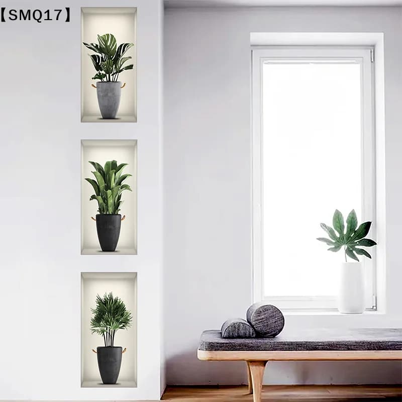 3 Sheets Green Plant Potted Plant Wall Sticker 3D False Window Wall Decals【SMQ】