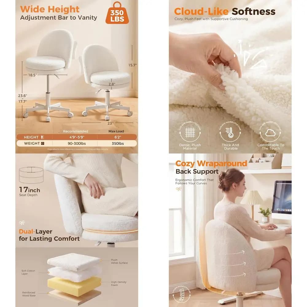 Sedia da Ufficio Ergonomica Alta con Ruote, Sedia da Toeletta con Supporto Lombare, Ideale per Ufficio e Bar, Comoda Sedia da Scrivania Senza Braccioli