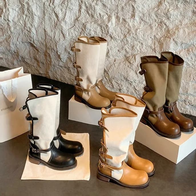 4cm Thick Heel~Fold Over Double Belt Buckle Boots Women 2026 New Color Blocked Round Toe Midsole Knight Boots Women Shoes