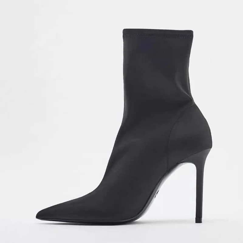 Liyke Marca Moda Sottile Tessuto elasticizzato nero Calzini Stivali Punta a punta sexy 7CM Tacchi a spillo Scarpe da ballo Stivaletti alla caviglia da donna