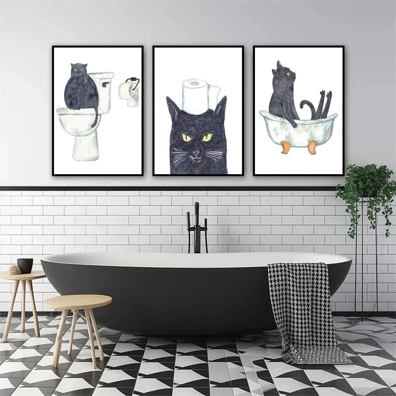 Pittura Acquerello Animale HD Poster Toilette Wall Art Per Bagno Bagno Casa Soggiorno Decor Divertente gatto nero Tela
