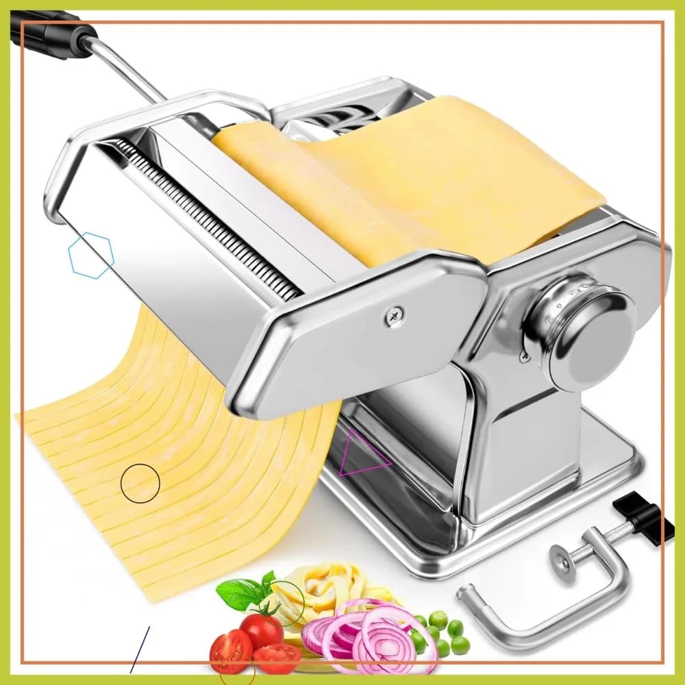 Macchina per pasta in acciaio inossidabile con 7 impostazioni di spessore, taglierina 2 in 1 per spaghetti fatti in casa, fettuccine, ravioli