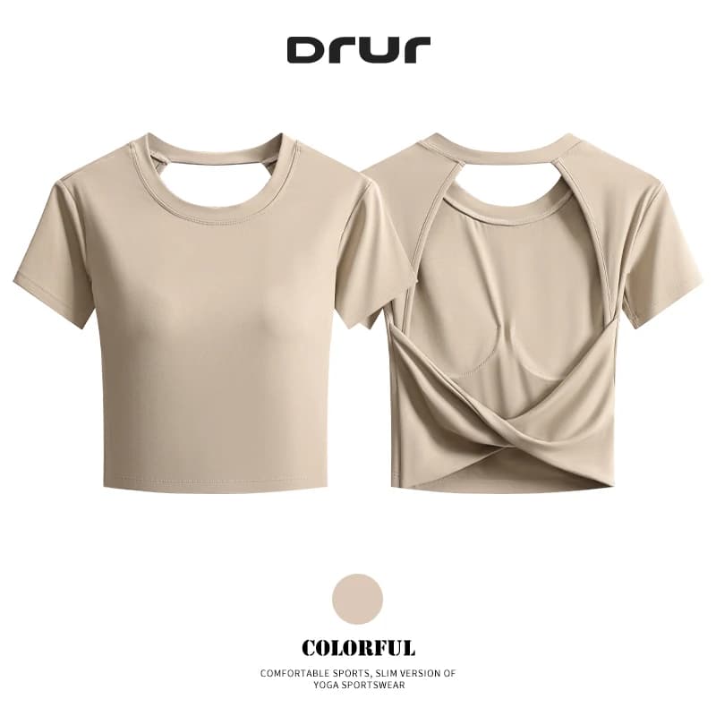 DRUR Women Sexy Twisted Back Yoga Top Short Sleeve Crop Shirt Built-in Bra Pads Open Back Workout Tee Slim Fit Gym Clothes Golf
