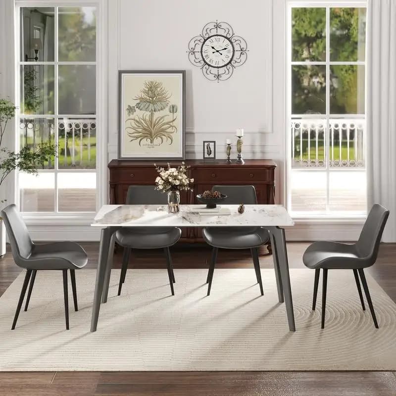 Tavolo da pranzo moderno Pandora bianco in pietra artificiale da 55,12 pollici con gambe in metallo grigio scuro, posti fino a 6 persone (solo tavolo da pranzo)