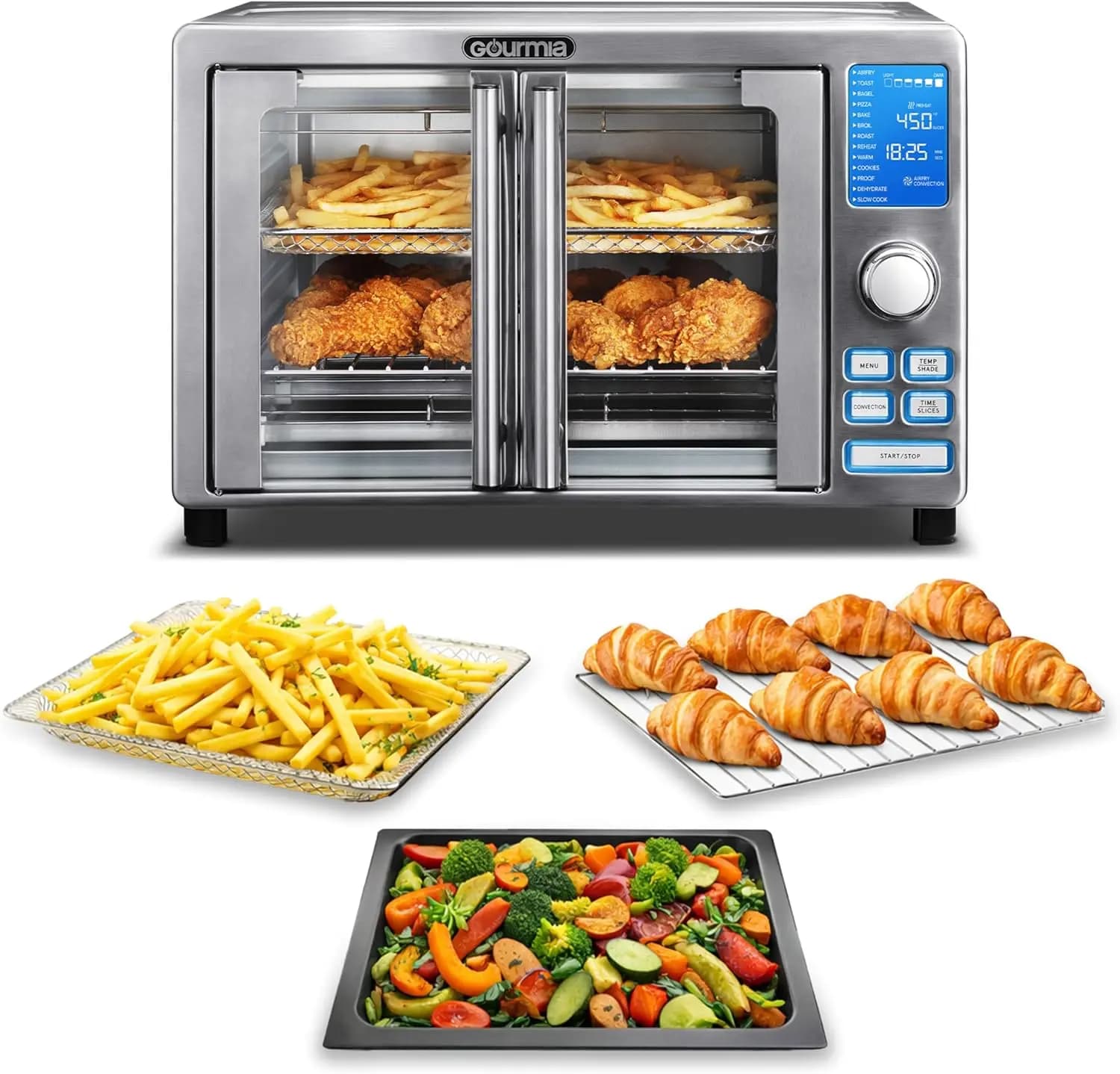 Forno Tostapane con Friggitrice ad Aria a 6 Fette, 14 Programmi Preimpostati, Display LED e Porta alla Francese - Elettrodomestico da Appoggio in Acciaio Inossidabile