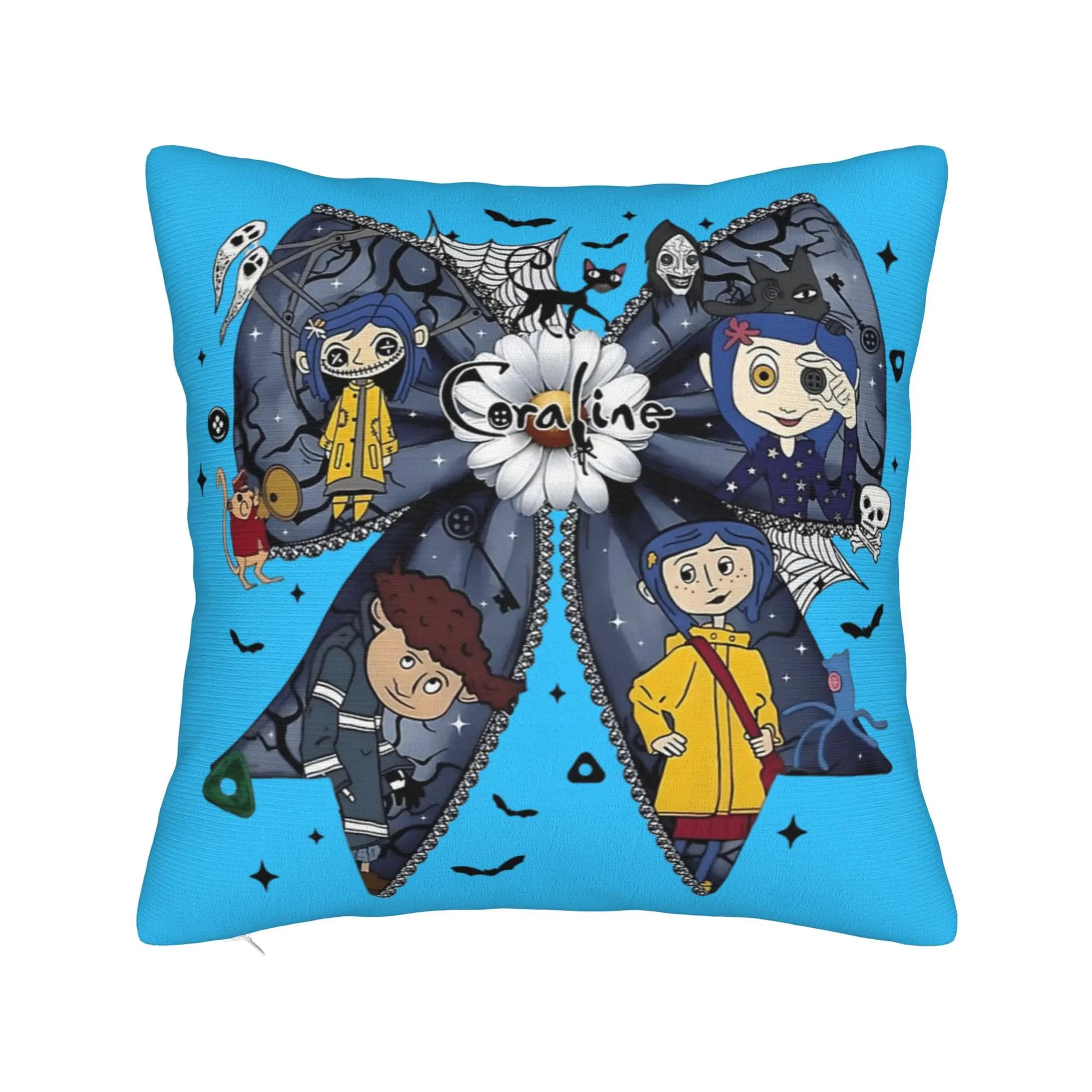 Fodera per cuscino in tessuto morbido con stampa di Coraline, tema horror cartone animato di Halloween, regalo, federa quadrata 40x40 cm