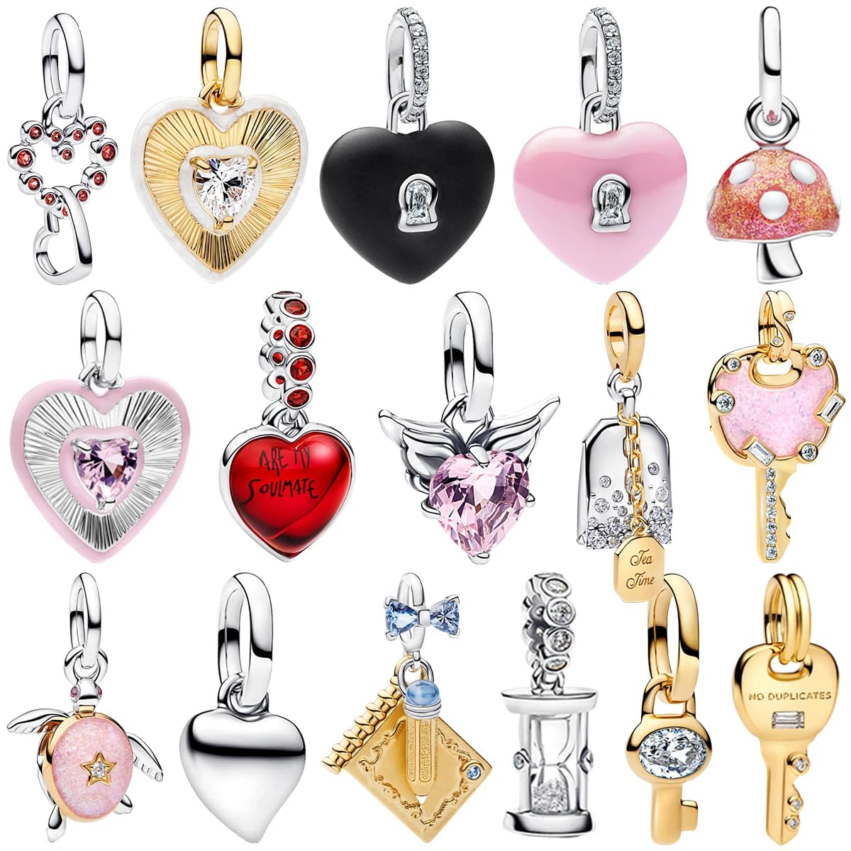 Charm in Argento Sterling 925 a Forma di Cuore Romantico, Chiave, Quaderno, Tartaruga, Fungo, Ali, Perline per Bracciali e Collane, Regalo per Donne