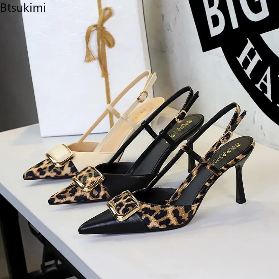 New Summer Women's Pointed Pumps Metal Decoration High Heels Stilettos Sandals Leopard Heels Ladies Sexy Hollow Out Party Shoes