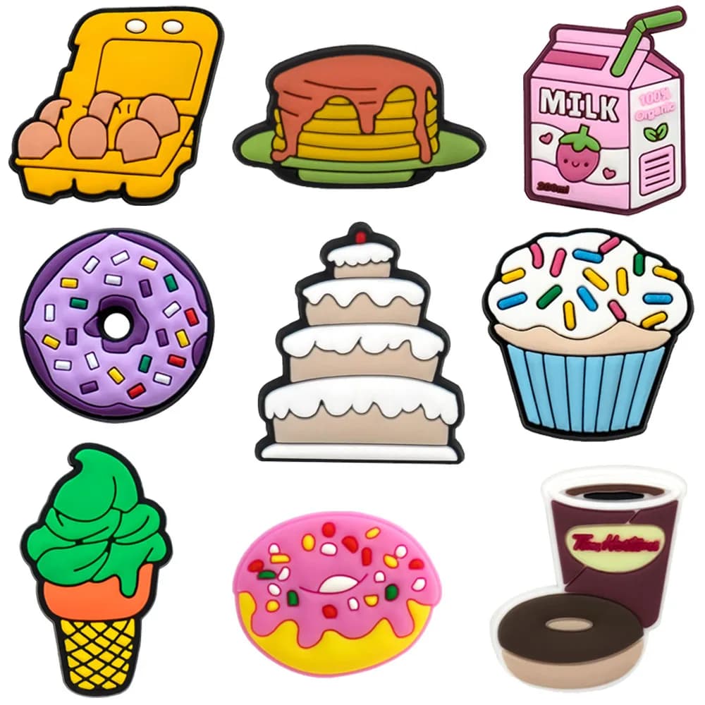 1/9 pz. Simpatici Pins a Forma di Cibo, Charms per Scarpe, Decorazioni per Scarpe a Forma di Torte, Accessori, Pins a Forma di Ciambelle e Latte per Sandali, Fibbie per Zoccoli da Donna, Uomo e Bambino
