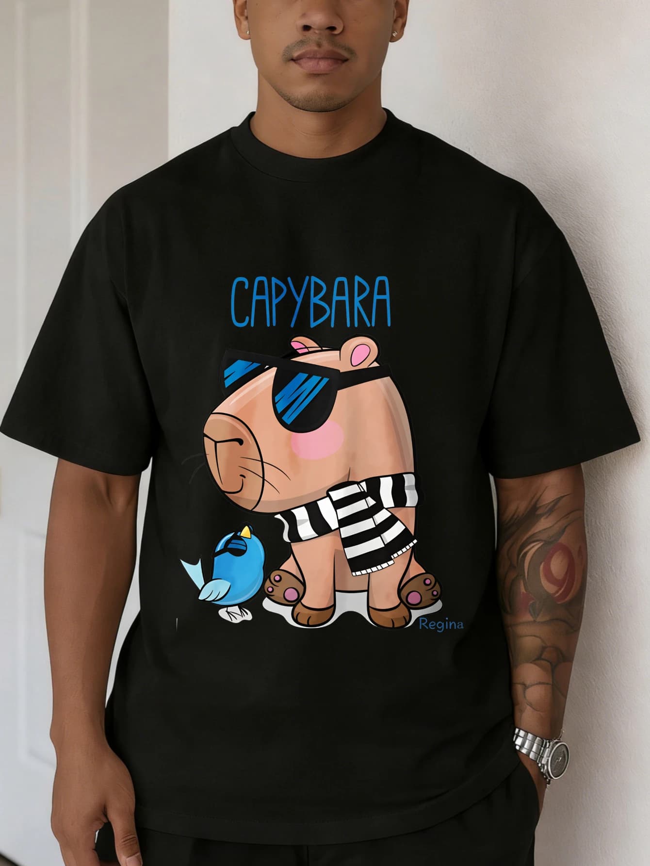 Men's T-Shirt Oversize Cotton with Funny Cane Graphics, Short Sleeve, Casual Style Summer Streetwear