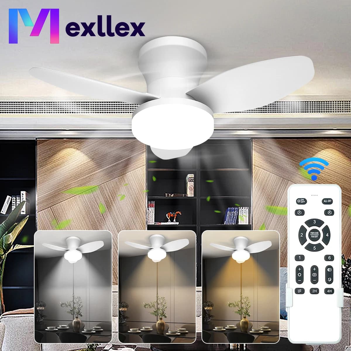 Ventilatore da soffitto Mexllex a tre foglie con luce e telecomando, 6 velocità, lampadario a LED reversibile silenzioso e dimmerabile per camera da letto