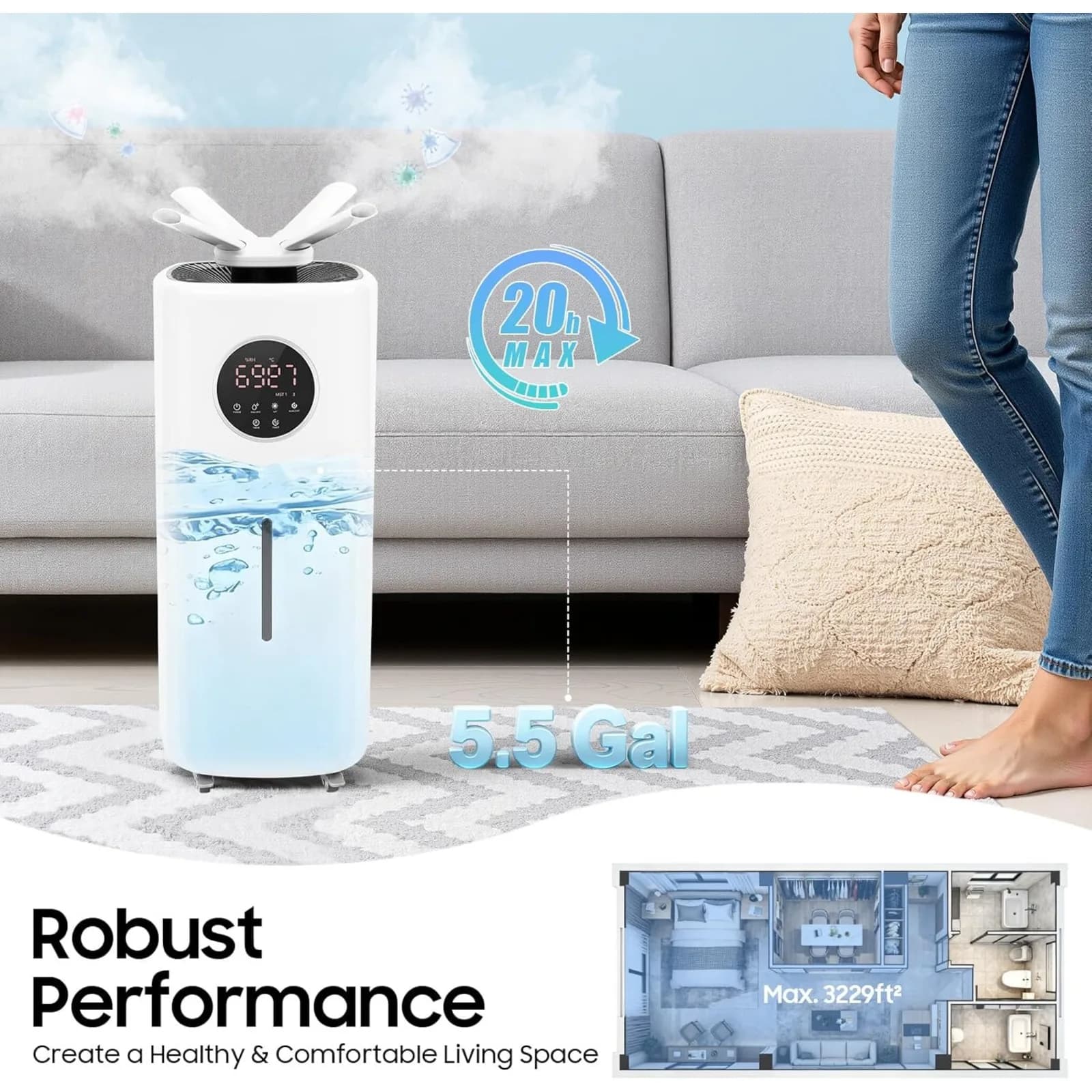 Umidificatore grande da 21 litri per la casa fino a 3000 piedi quadrati, umidificatore a ultrasuoni per tutta la casa da 5,5 galloni con 3 livelli di nebulizzazione, 360° ° Ugelli e Telecomando