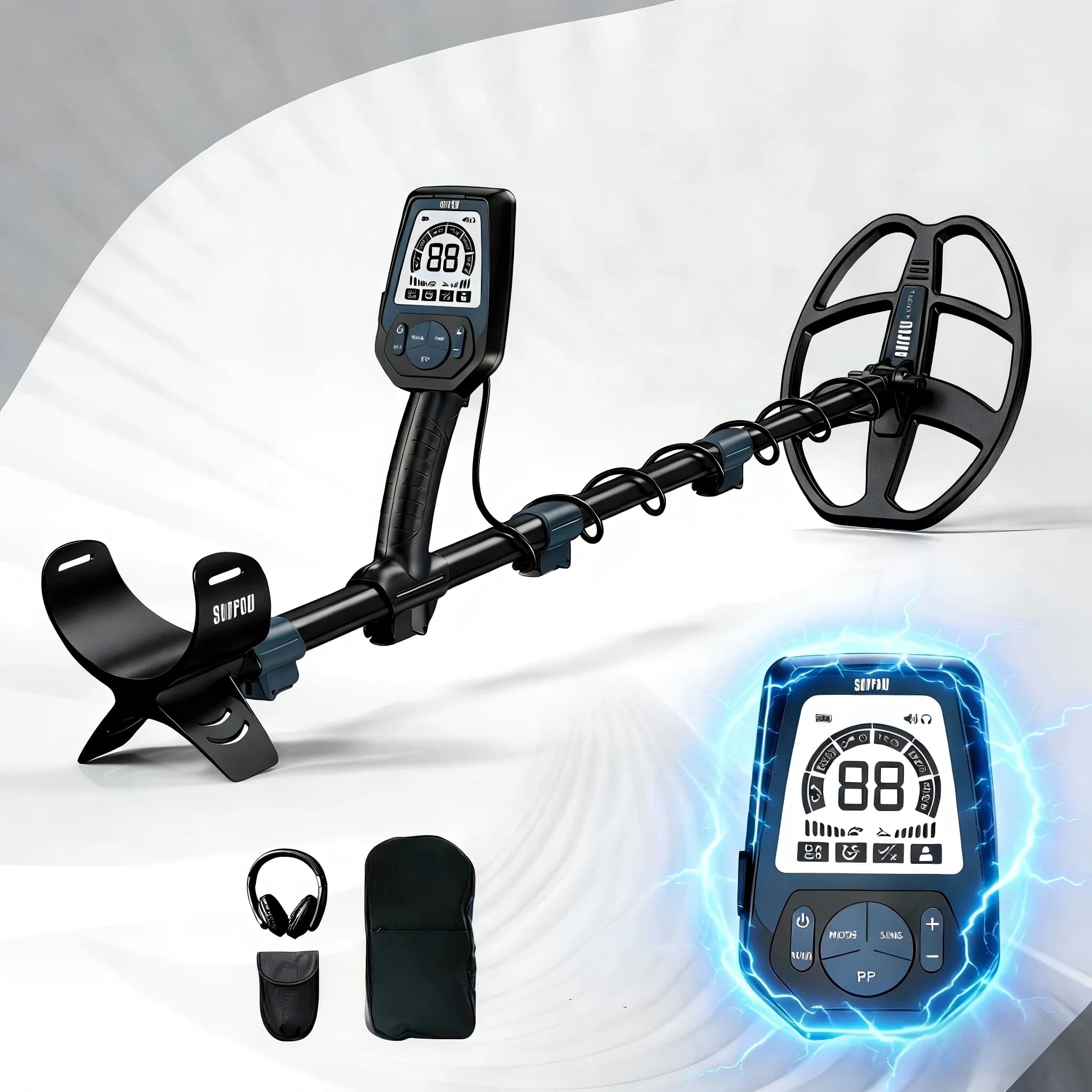 SUNPOW Professional Rechargeable Metal Detector, 11" IP68 Waterproof DD Coil 10" Detection Depth, 5 Modes 10-Level Sensitivity 24H Battery, Full Kit with Shovel Backpack Headphones for Gold Prospecting Beach Treasure Hunting