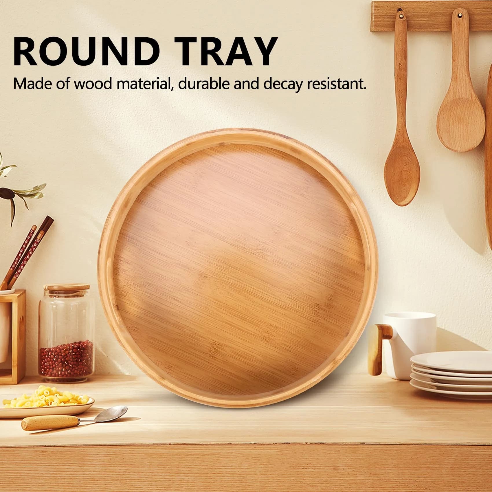 Round Serving Bamboo Wooden Tray For Dinner Trays Tea Bar Breakfast Food Container Handle Storage Tray