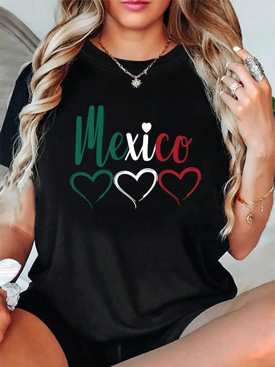 Spring Tops Mexico Heart Mexico Text Print Women s Round Neck Spring Summer Short Sleeve T-Shirt Loose And Comfortable Summer