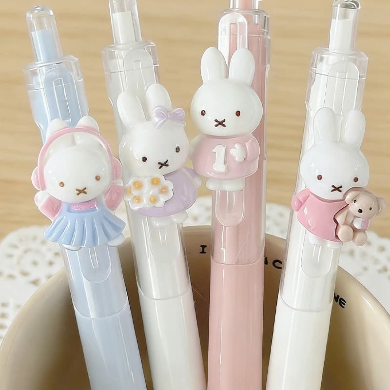 Set di 4 Penne Gel Retrattili 3D Miffy, Punta ST 0.5mm, Inchiostro Nero, Strumento di Scrittura Cartoon, Leggero e Scorrevole, Cancelleria per Studenti