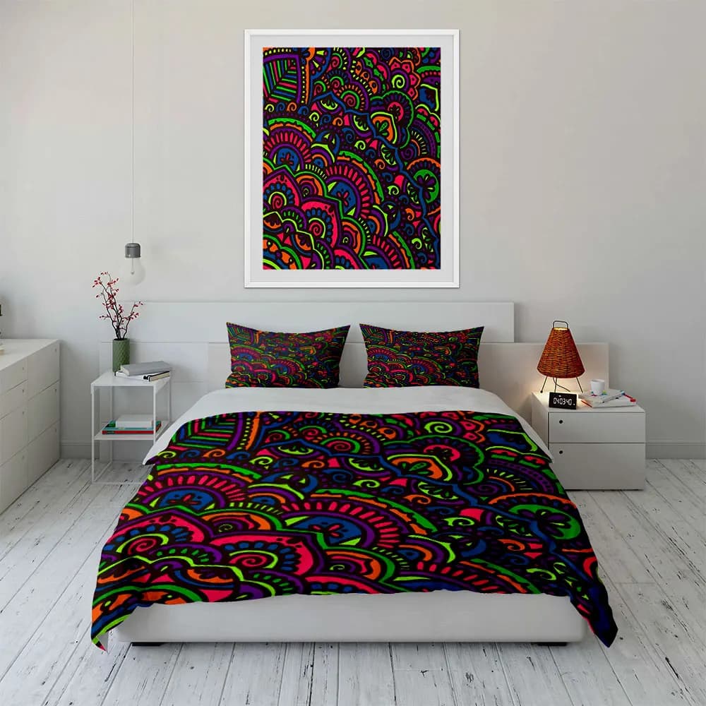 Neon Tribal Pattern Bedding Set, Colorful Abstract Mandala Doodle Print Duvet Cover + 2 Pillowcases, Boho Psychedelic Decor