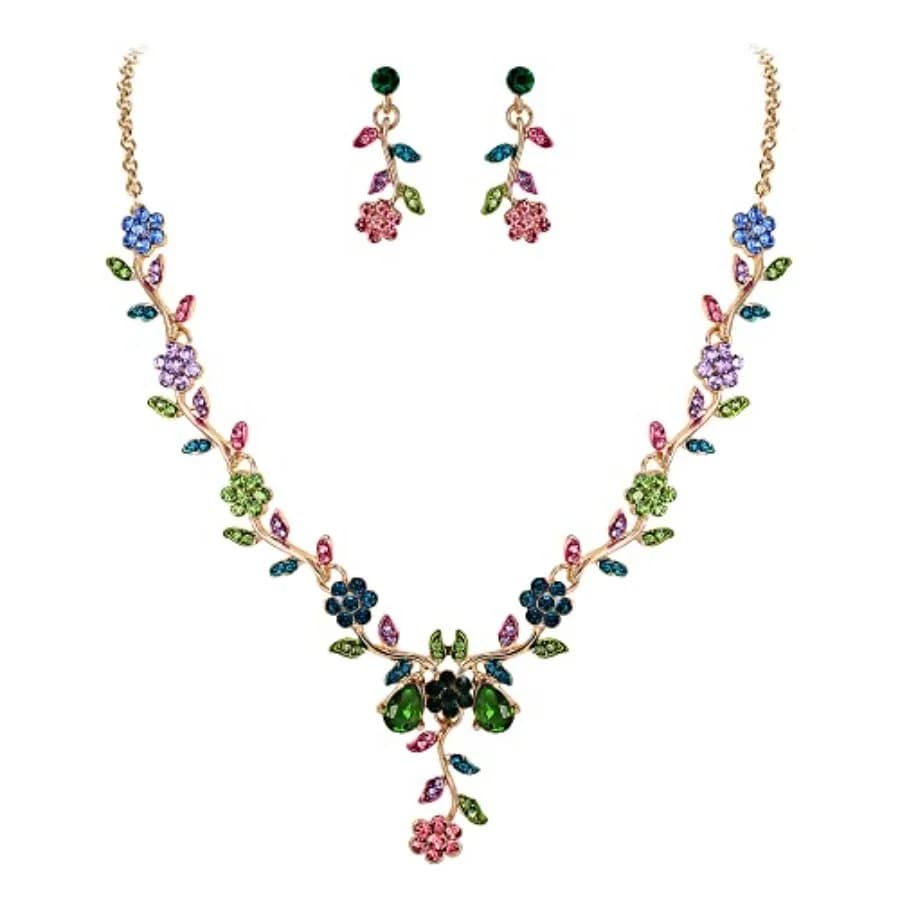 Set di Gioielli da Sposa per Donna con Orecchini Pendenti a Grappolo di Foglie e Fiori in Cristallo e Collana con Ciondolo