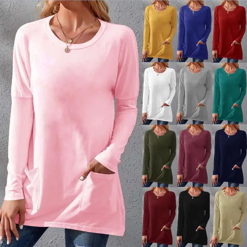 Long Sleeve T-Shirt Women's Clothing European Style Pure Color Casual Comfortable Fabric Hoodie Fashionable Ladies' Tee