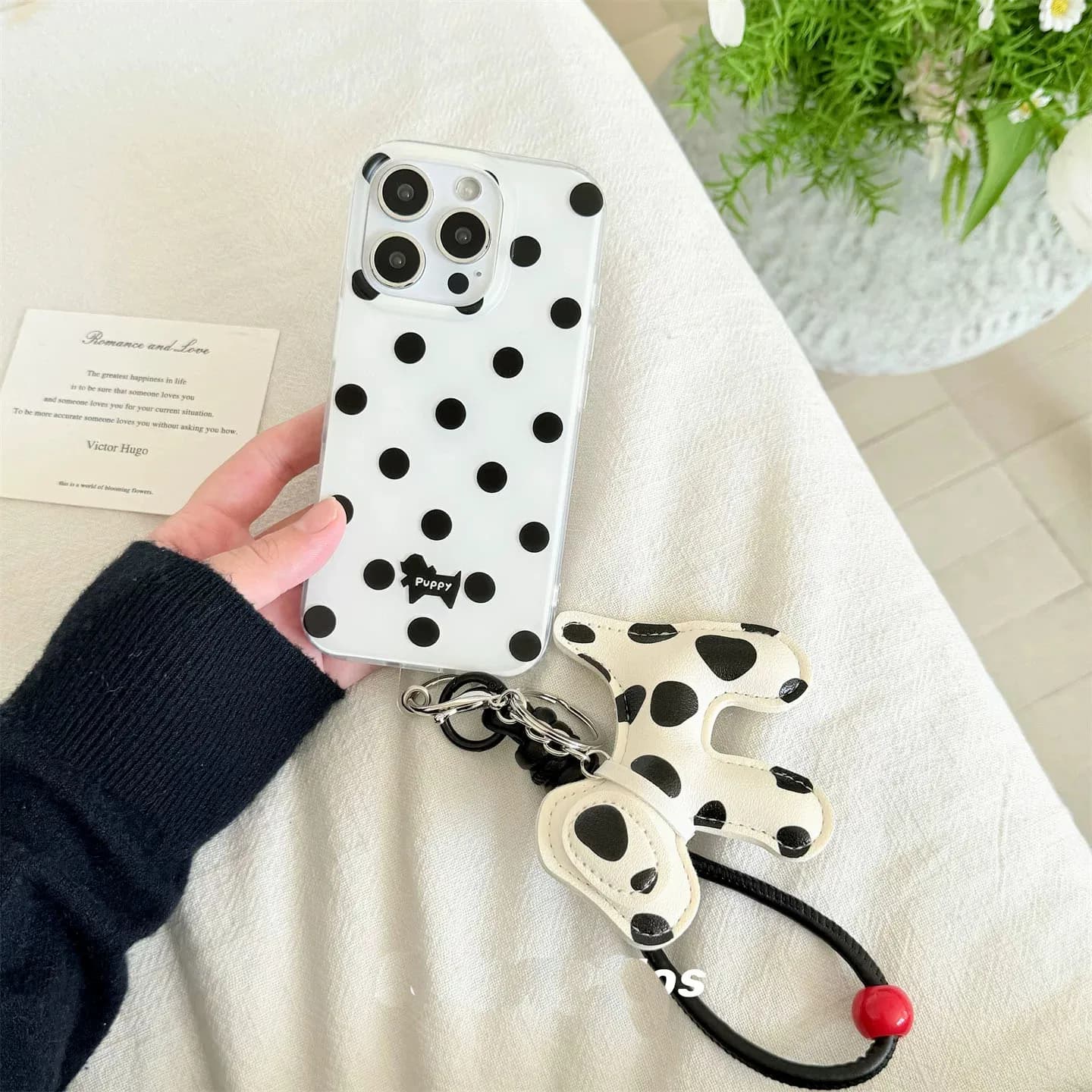 Korean Ins Full Screen Black Polka Dot Luxury IMD Phone Case For iPhone 17 16 15 14 13 12 11 Pro MAX Plus 17air Silicone Cover