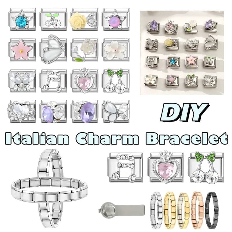 Zircon Music Note Flower Rose Star Cherry Italian Charm Links Fit 9MM Stainless Steel Bracelet Women Men DIY Making Gift