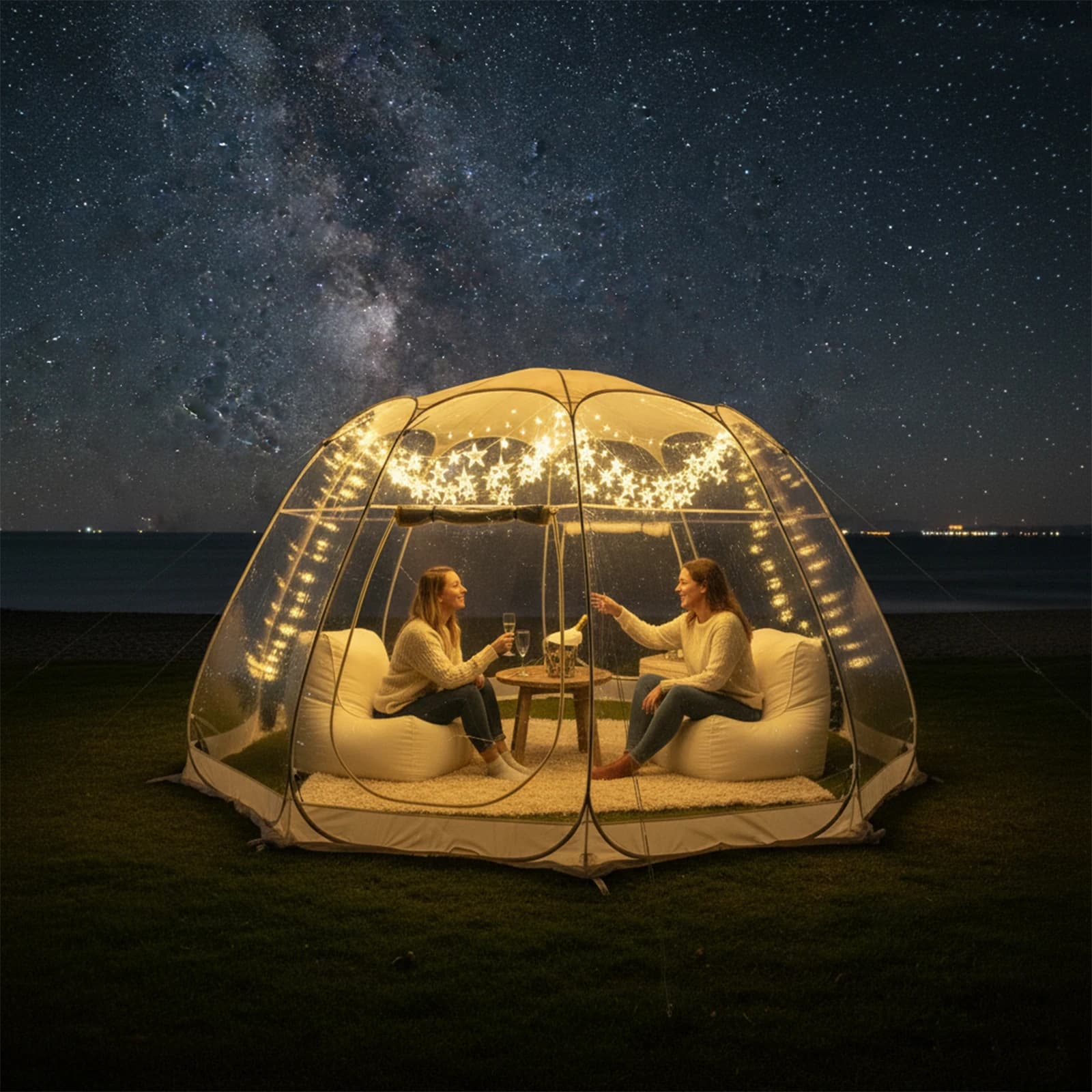 Quick-Set Bubble Tent Camping Pod Windproof Cold-Resistant PVC Outdoor Shelter String Lights Included for Nighttime Ambiance