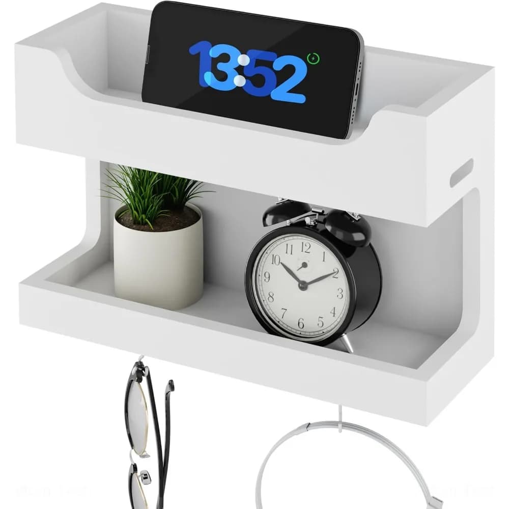 2 Tier Wall Shelf Organizer, White | Magnetic Hooks, Ideal for Dorm, Cable Holes, No Drill Mount, Holds Phone, Glasses, Remote