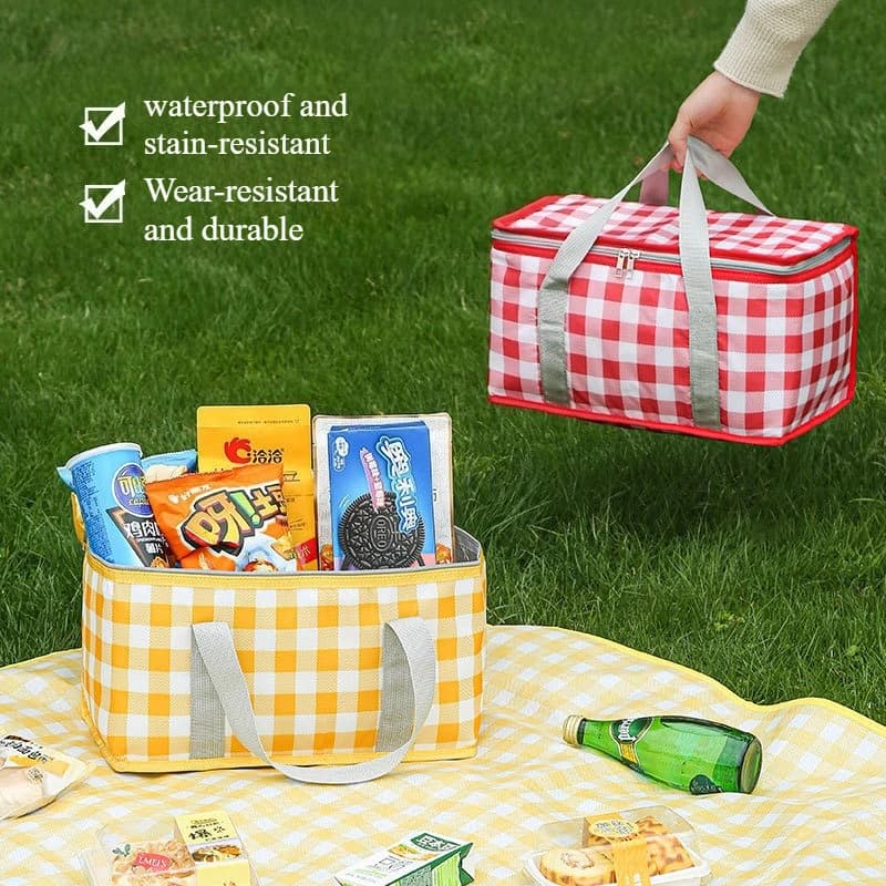 Large Capacity Checkered Insulated Cooler Bag Portable Handheld Picnic Basket Outdoor Camping Travel Thermal Lunch Tote Bag