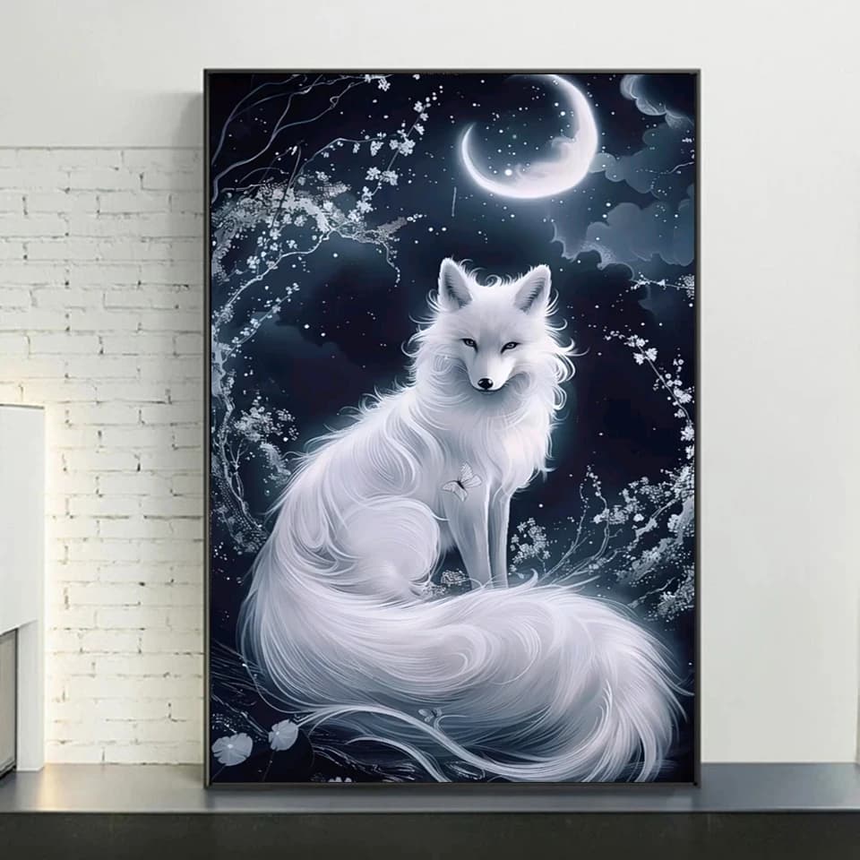 2024 Diamond Painting Art Mosaic Jewelry Cross Stitch Kit Fantasy White Fox Moon 5D DIY Rhinestone Embroidery Home Decor Gift