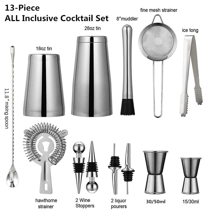 13 pz/set in acciaio inox Cocktail Shaker Ice Tong Mixer Drink Boston Bartender Browser Kit Bar Set strumento Bar professionale