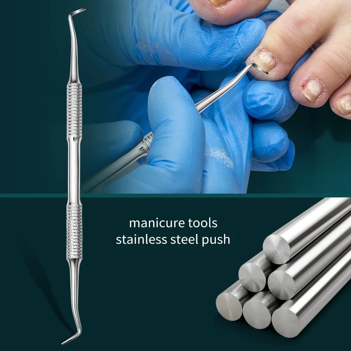 Spingicuticole a doppia punta in acciaio inossidabile e raschietto per unghie per rimuovere residui di smalto, gel e colla, strumento per nail art per uso domestico e professionale.