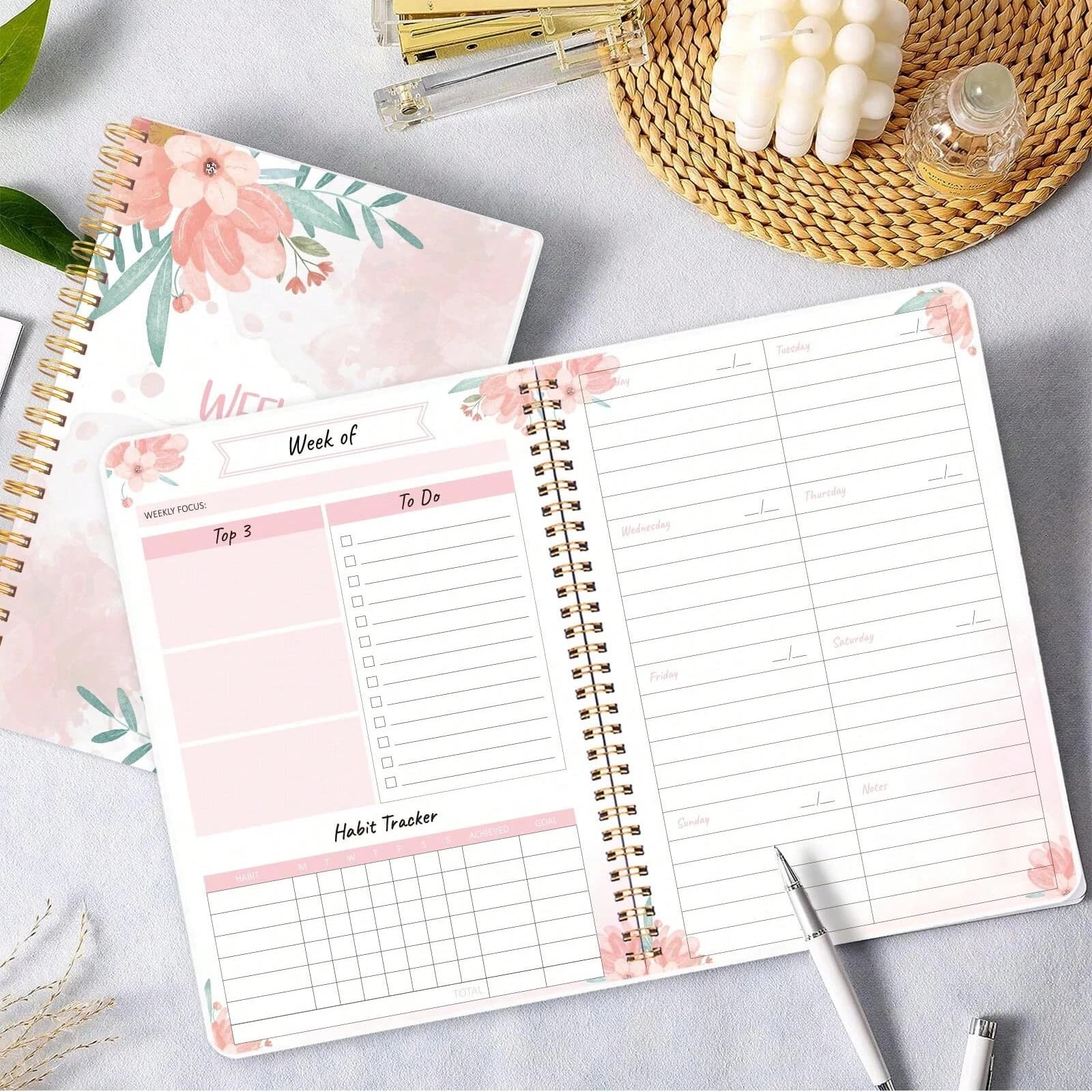 1pcFloral Agenda settimanale, diario settimanale a spirale con elenco delle cose da fare, tracker delle abitudini e pagine per appunti