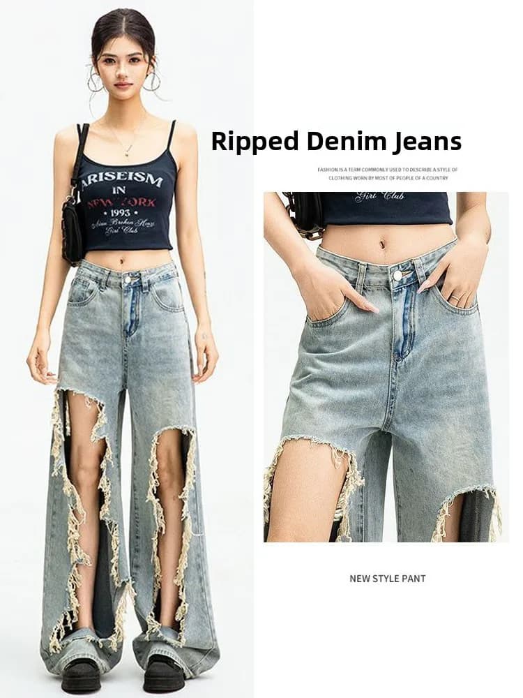 Jeans a Vita Alta e Gamba Larga da Donna, Stile Americano, Lavati e Strappati, Pantaloni Lunghi Slim Fit, Nuovo Stile Estivo