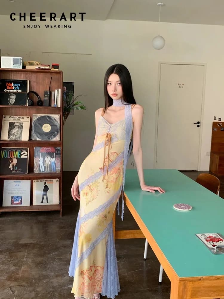 CHEERART Abiti lunghi romantici in pizzo floreale 2025 Donna Estate Tuniche senza schienale Aderente da donna Slip Abito a sirena Elegante