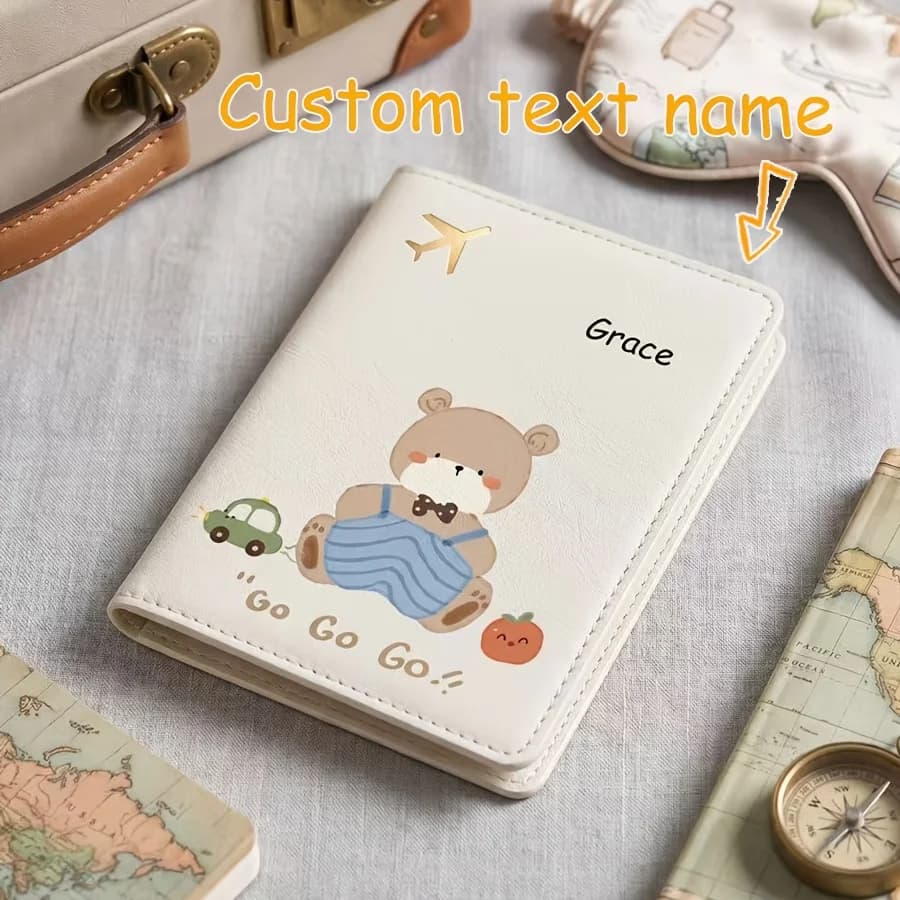 1 Personalized Passport Holder with Protective Cover - Custom Cute Cartoon Bear Pattern Design,Open-Closure Travel Organizer