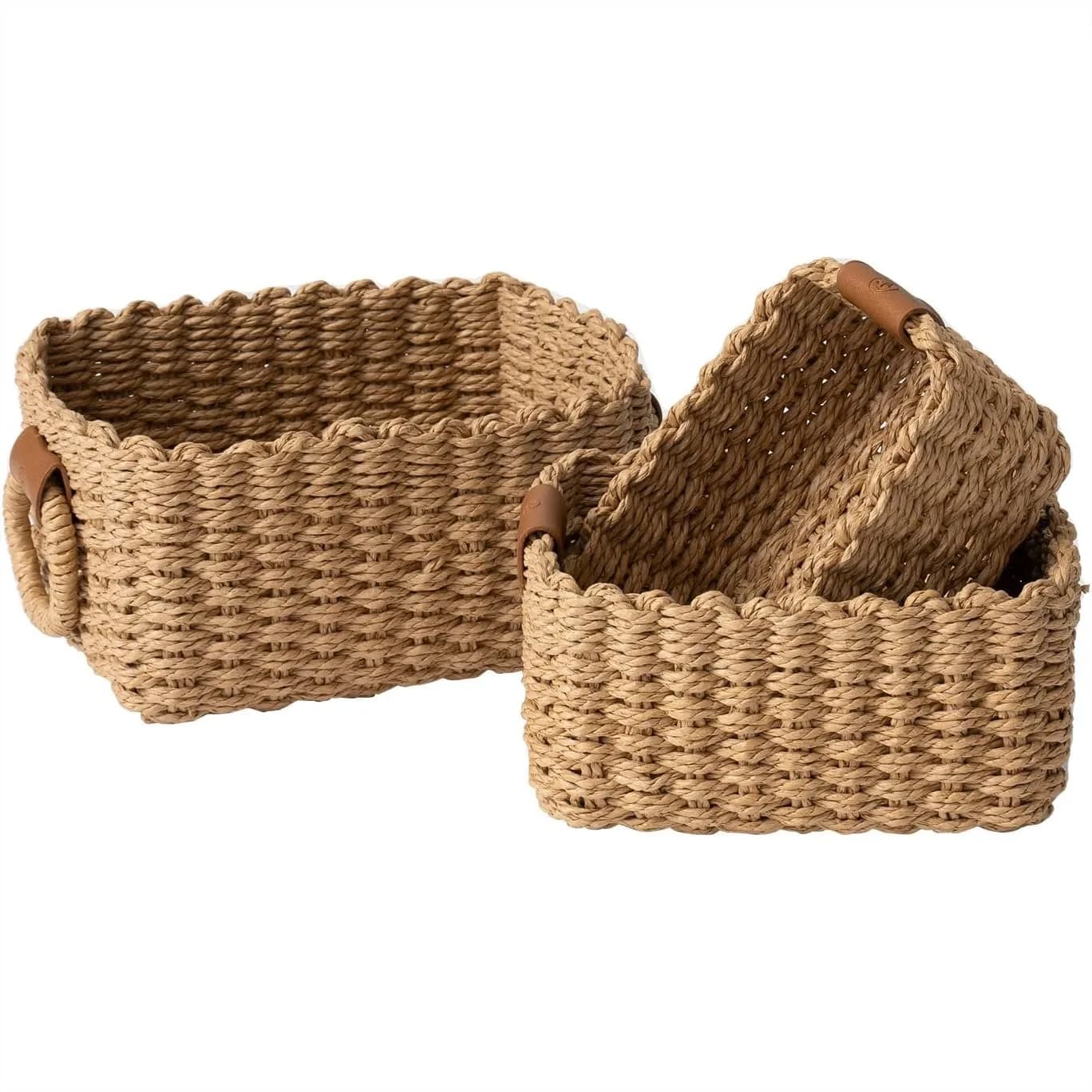 Small Wicker Baskets for Organizing, Recycled Paper Rope Storage Bins for Shelves Bathroom Cupboards, Square Basket Set of 3