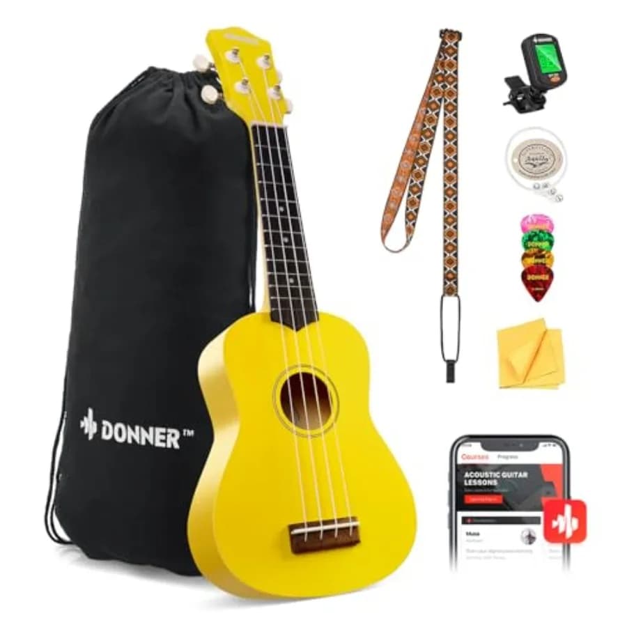 Ukulele Soprano per Principianti 21 Pollici Giallo Opaco Kit per Principianti con Borsa Tracolla Accordatore Corde Plettri Panno e Lezioni Online Gratuite