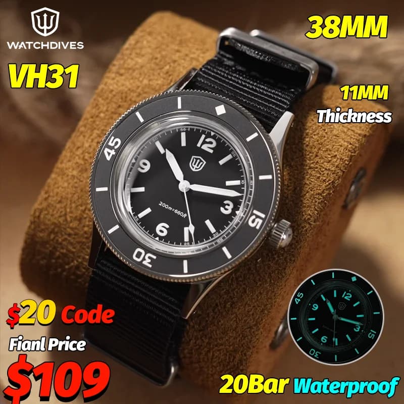 Watchdives WD50Q 38Mm 200M Orologio subacqueo VH31 Quarzo Zaffiro Acciaio 316L Ghiera luminosa svizzera a 120 scatti Orologio da polso da uomo impermeabile