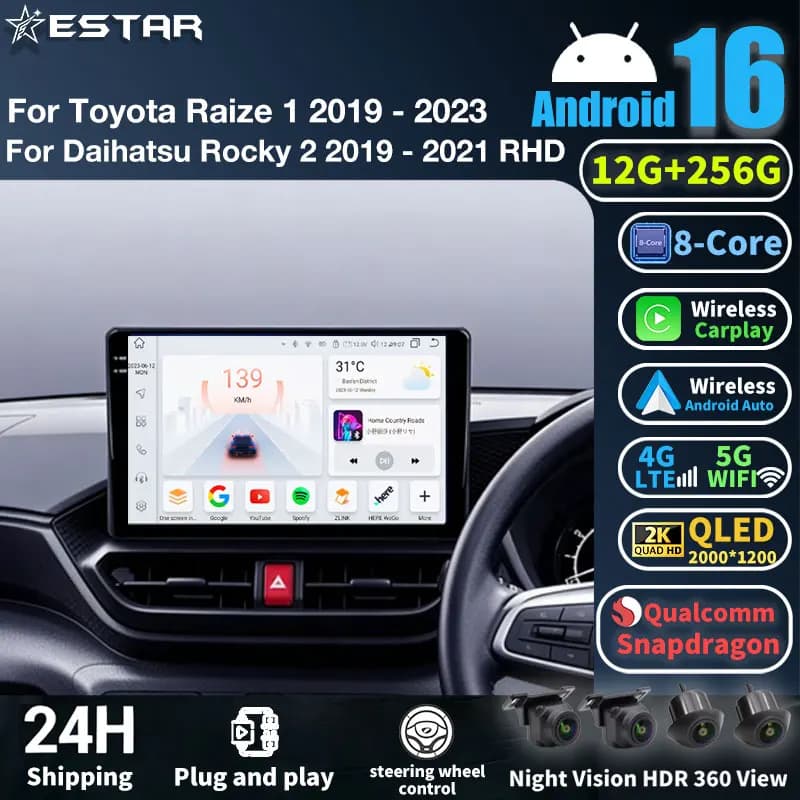 Autoradio Android 16 per Toyota Raize 1 2019 - 2023 per Daihatsu Rocky 2 2019 - 2021 RHD GPS Lettore multimediale Navi Head Unit BT