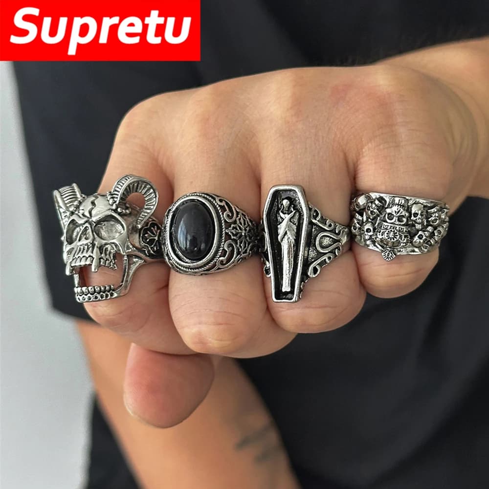 Anelli con teschio punk gotico per anello da dito con apertura regolabile da uomo Bara Mummia Vampiro Gioielli Regali creativi Halloween Cosplay