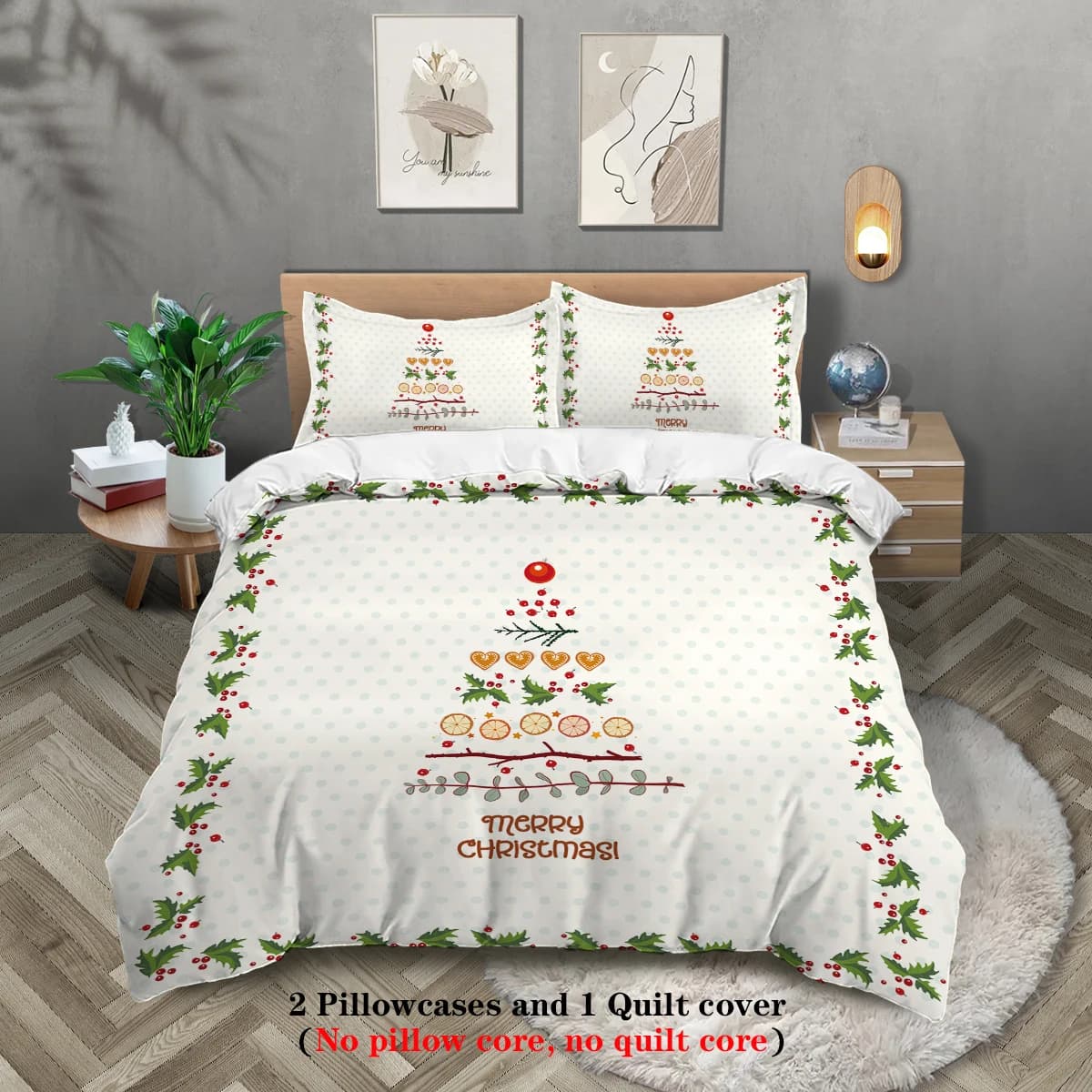 Set biancheria da letto morbida e confortevole con motivo albero di Natale a tema natalizio in 3 pezzi (1 copripiumino + 2 federe, senza anima)