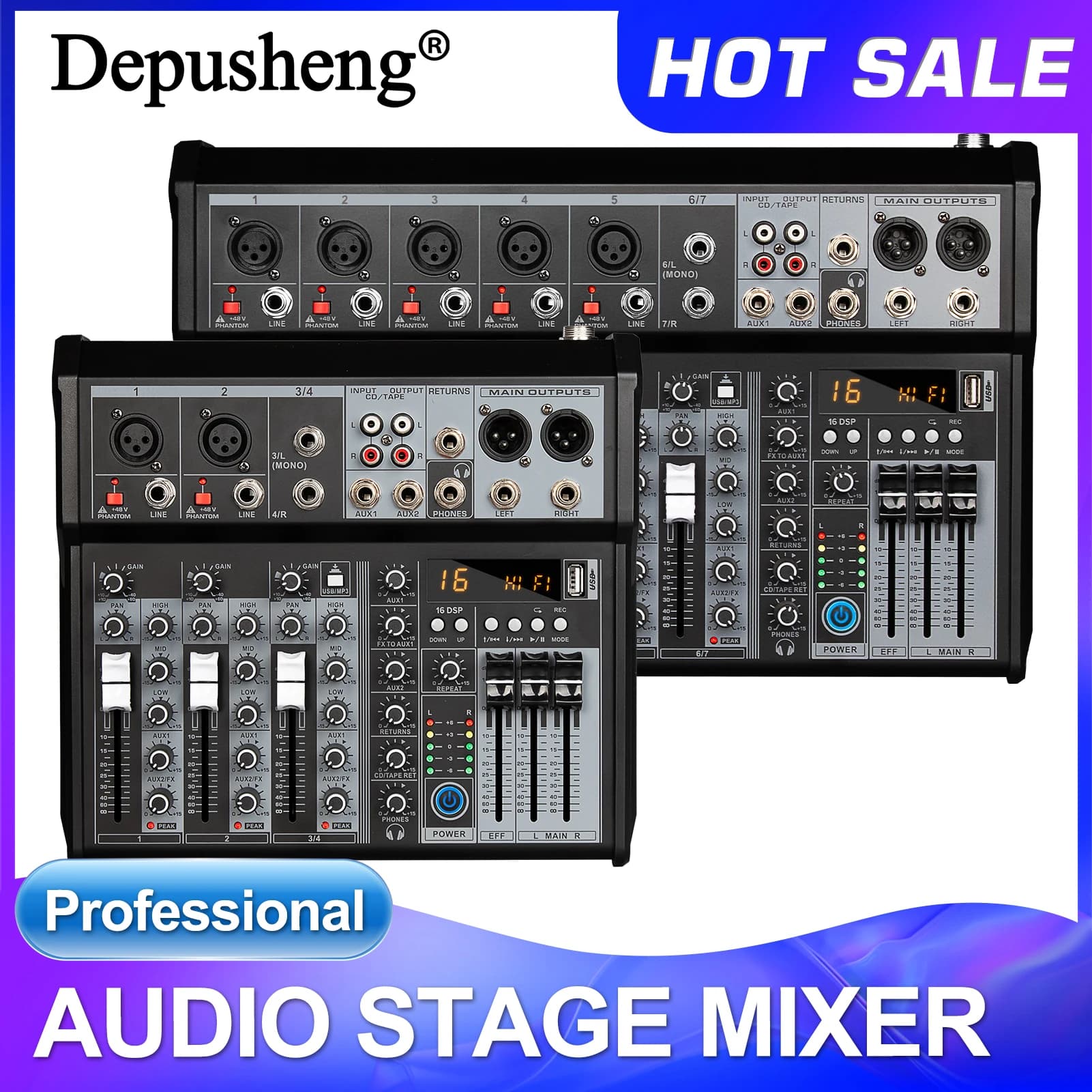 Mixer Audio a 4/7 Canali con Interfaccia DJ, Effetti DSP a 99 Bit, Mixer Audio USB con Effetti +48V Phantom e Bluetooth per Karaoke